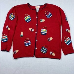 Vintage Talbots Red Embroidered Cardigan Beach Totes Flip Flops Medium Red